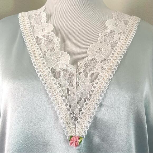 Vintage Honors Intimate Nightgown Satin Aqua Blue Sheer Lace Medium/Large - Picture 5 of 15